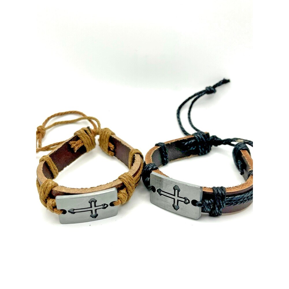 Lot of 2 Faux Leather Cross Adjustable Bracelet Set Dark Brown & Light Brown
